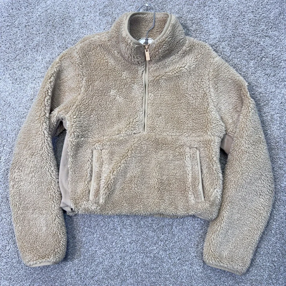 Alo Yoga Pullover Women XS Sherpa Quarter Zip Tan Cropped EUC